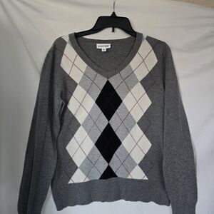 Women's St. John's Bay Classic Gray Argyle Knit Sweater Medium